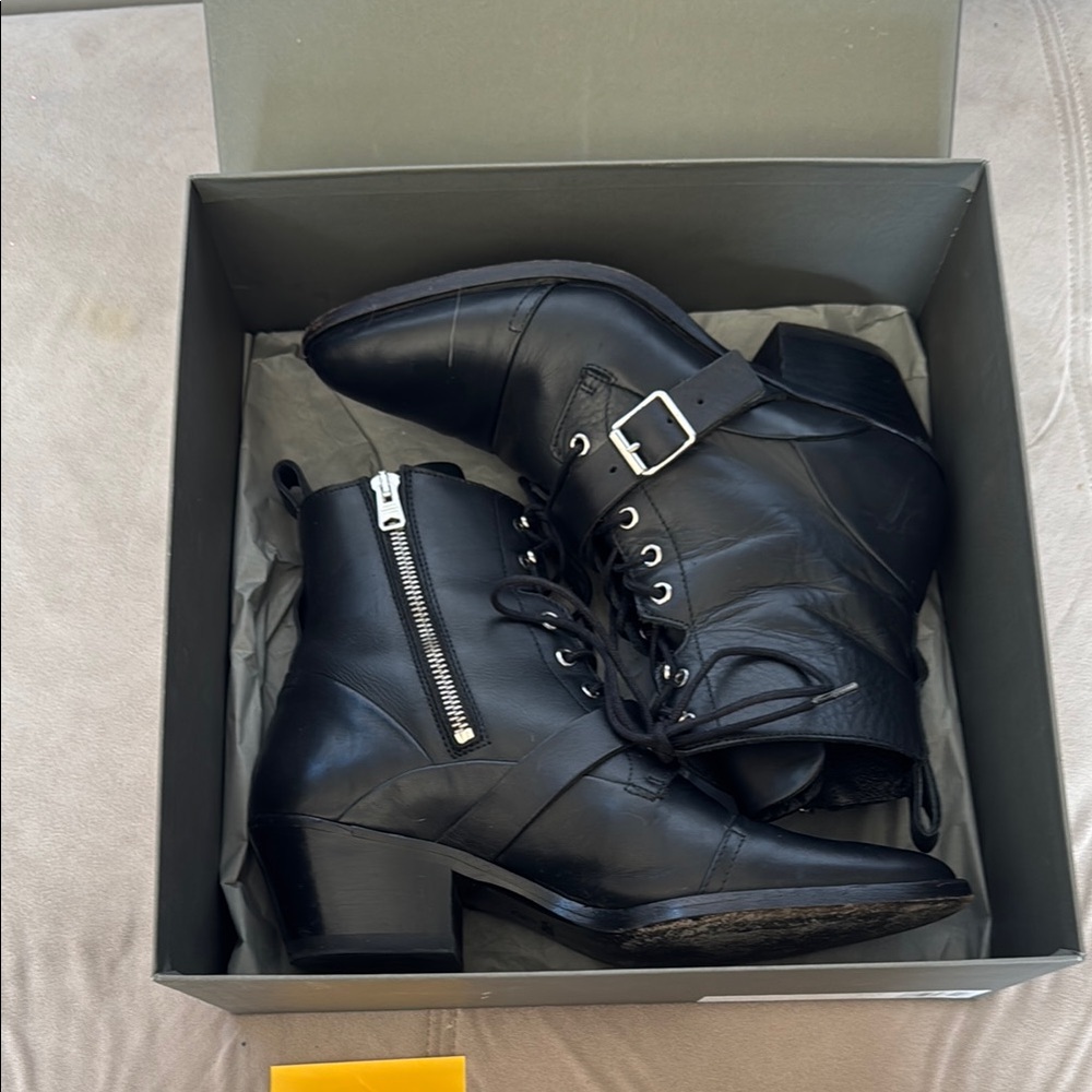 AllSaints Katy laced up heeled leather boots with buckle in black